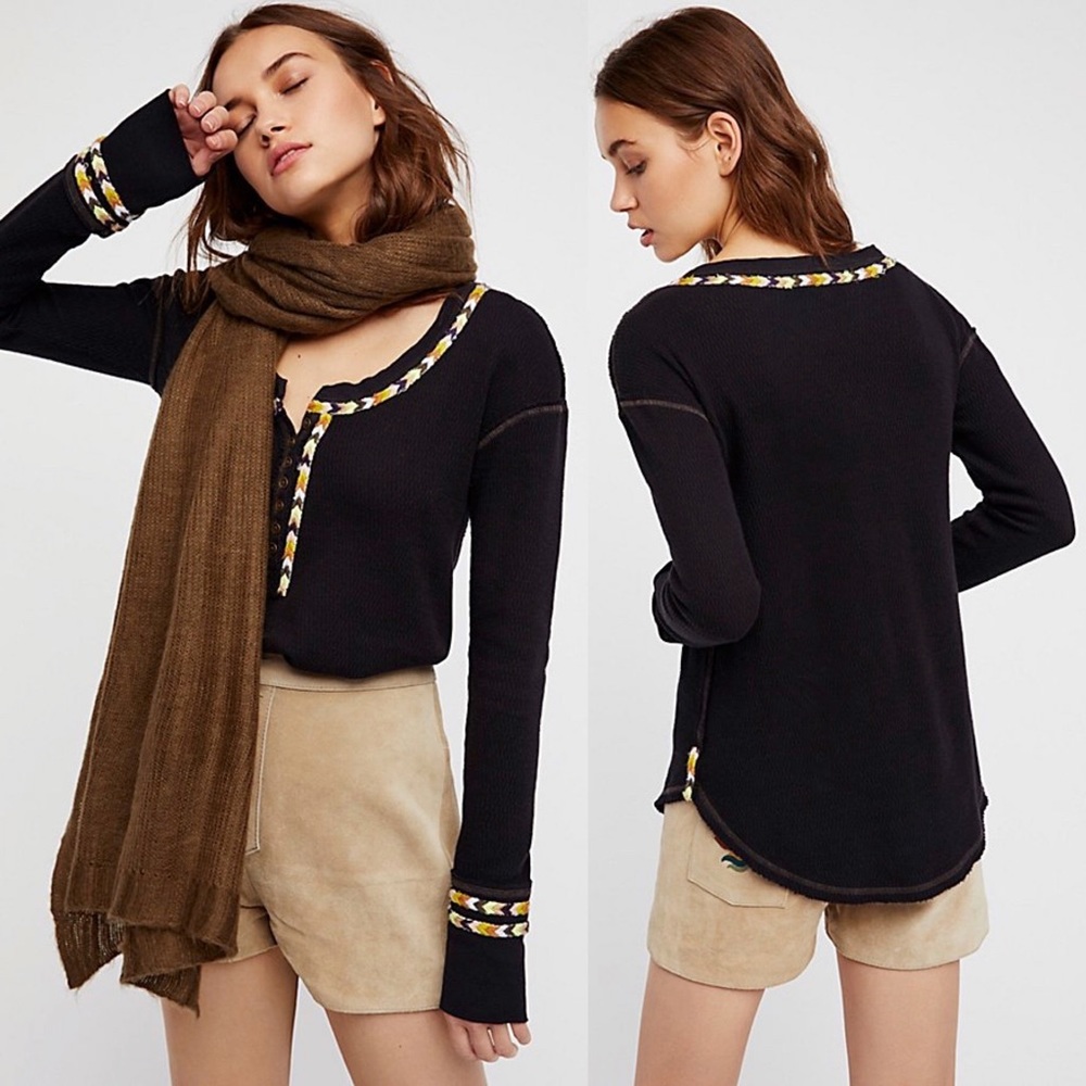 FREE PEOPLE Rainbow Thermal Shirt Black